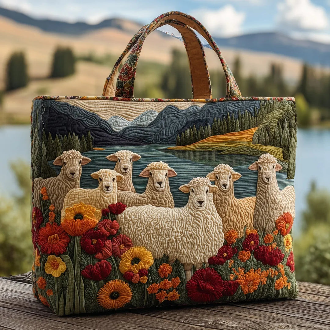 Sheep by the Lake design of the Leah quilted tote bag