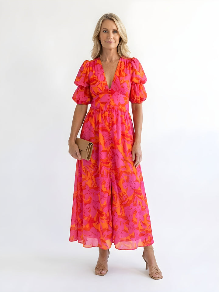 Olive | Floral Puff Sleeve Midi Dress