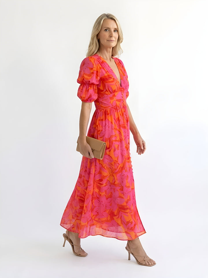 Olive | Floral Puff Sleeve Midi Dress