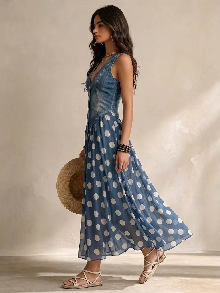 Ida | Denim Dress with Polka Dot Skirt