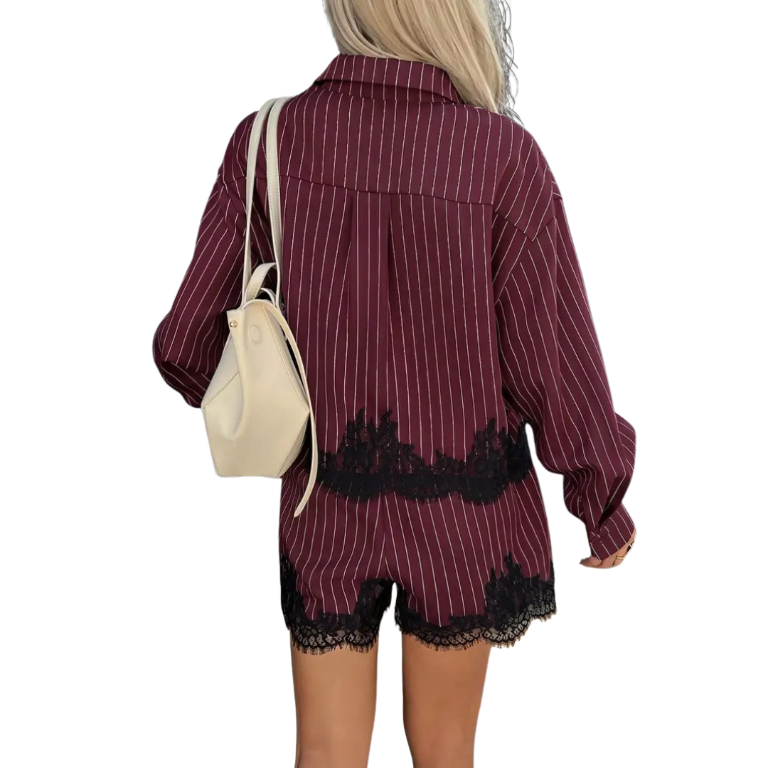 SOLÈNE™ – Lace Trim Striped Shirt &amp; Shorts Set