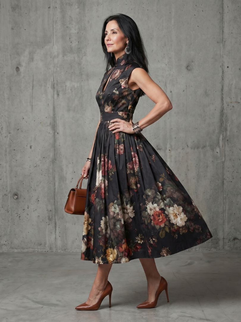 Fleur | High Neck Pleated Midi Dress