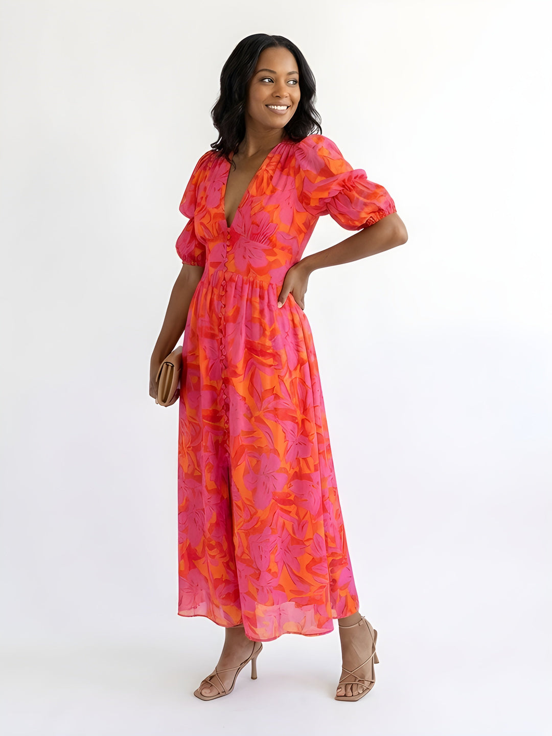 Olive | Floral Puff Sleeve Midi Dress