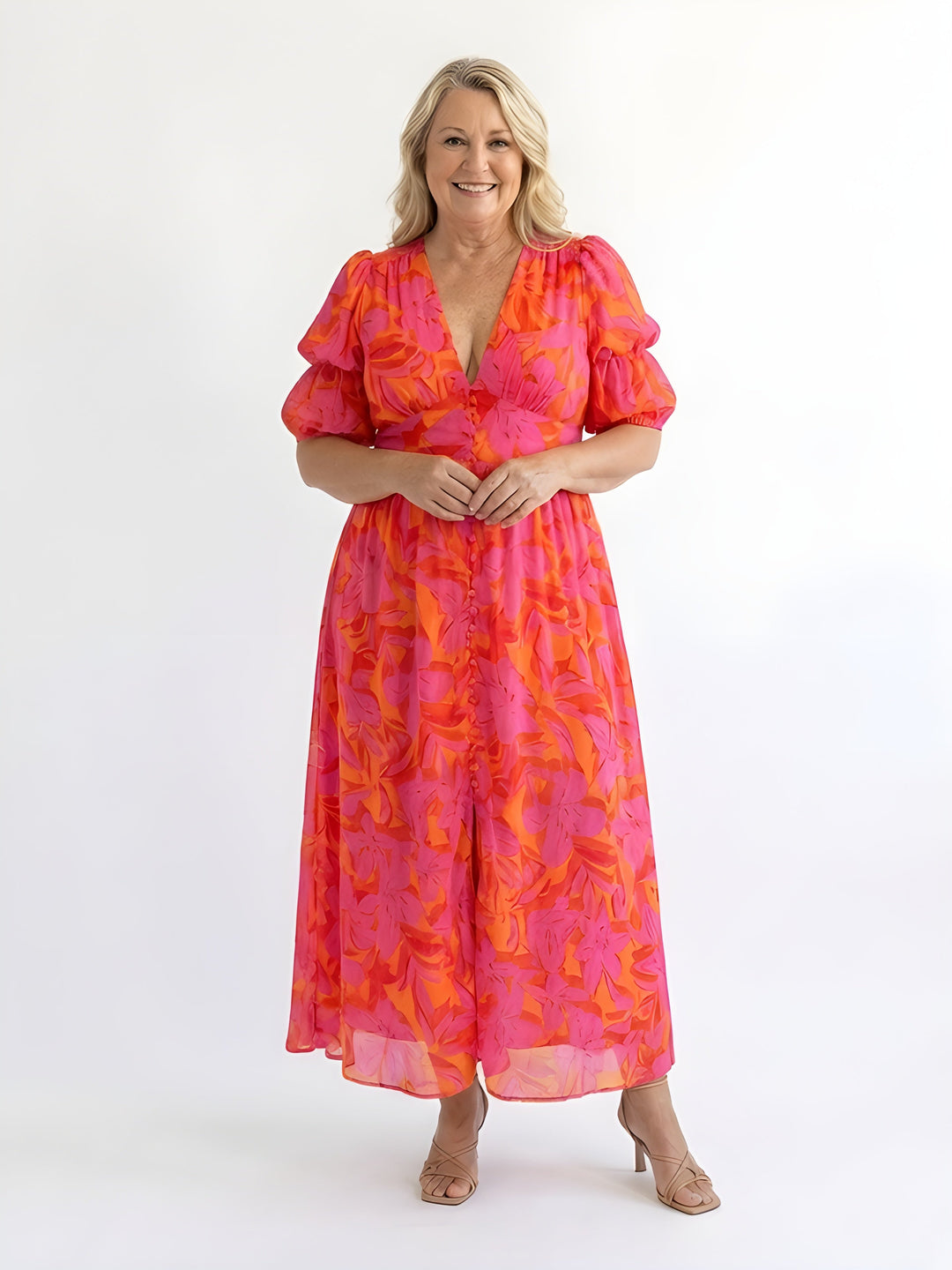 Olive | Floral Puff Sleeve Midi Dress
