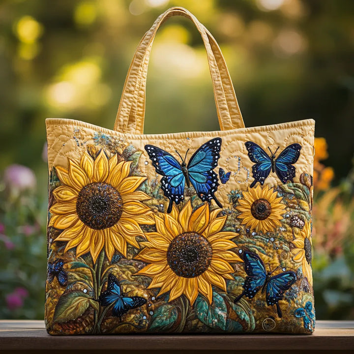 Sunflowers and Blue Butterflies design of the Leah quilted tote bag