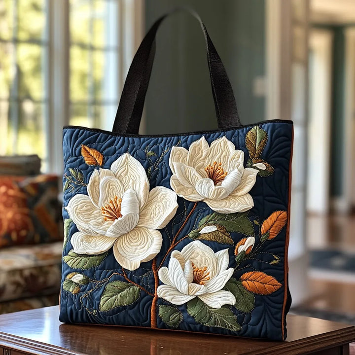 Delicate Magnolia design of the Leah quilted tote bag