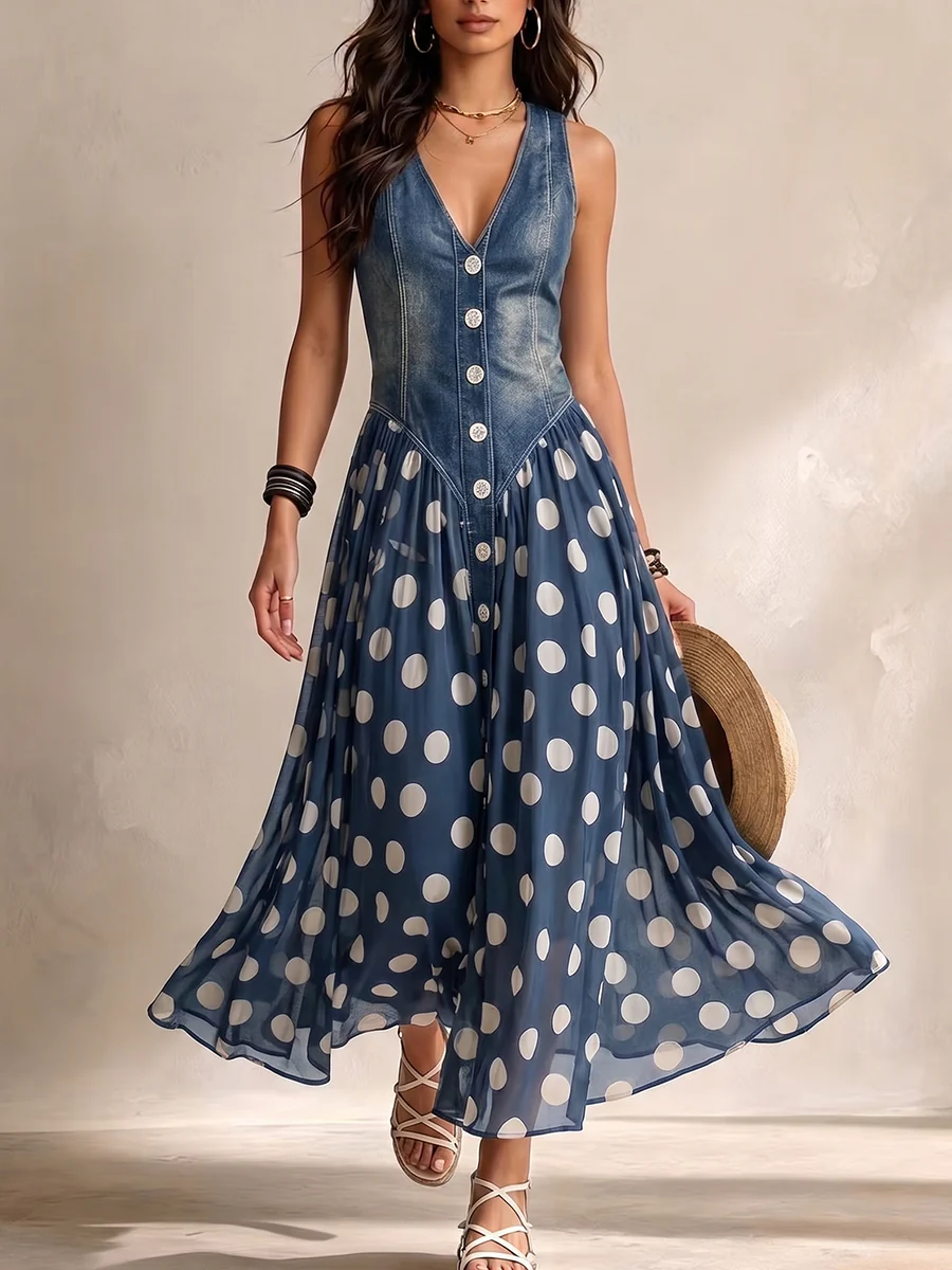 Ida | Denim Dress with Polka Dot Skirt