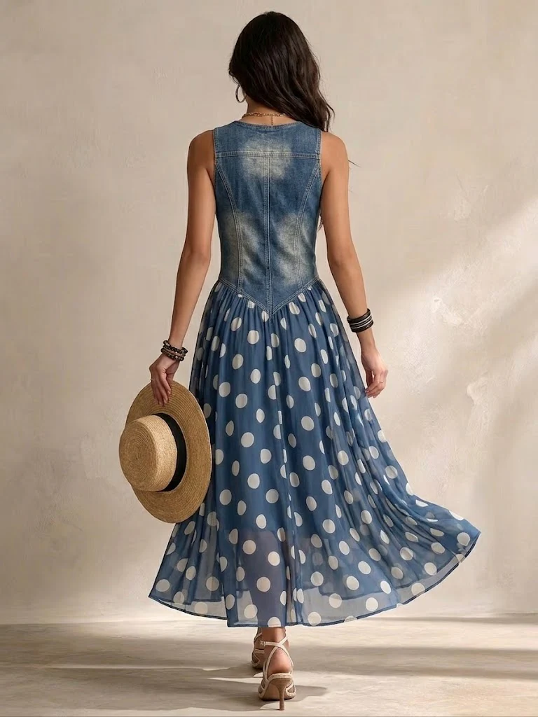 Ida | Denim Dress with Polka Dot Skirt