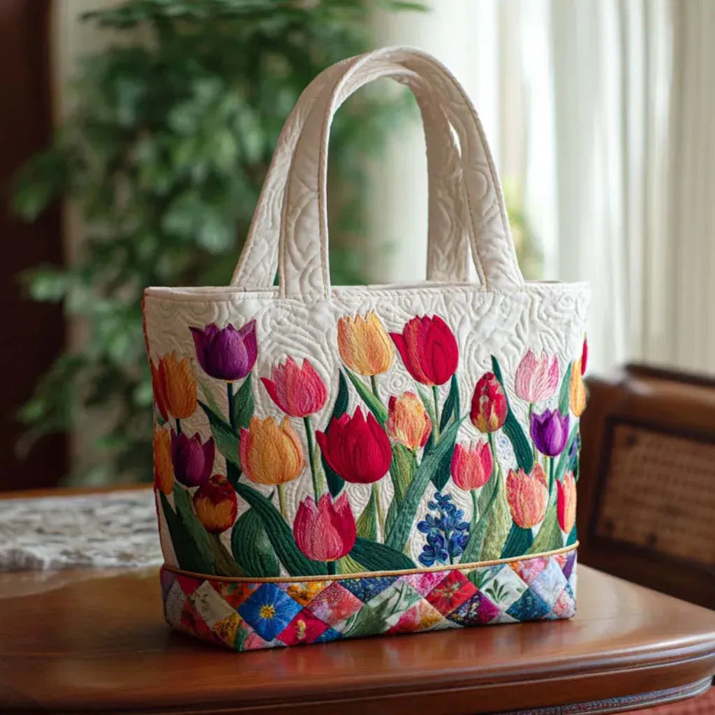 Tulip Garden design of the Leah quilted tote bag