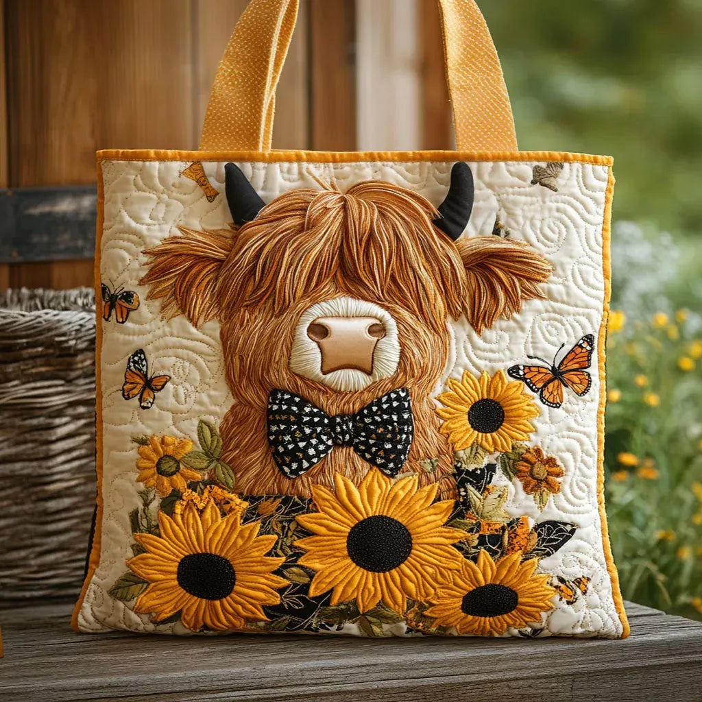 Highland Cow with Sunflowers quilted tote bag