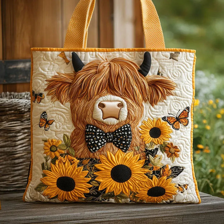 Highland Cow with Sunflowers quilted tote bag
