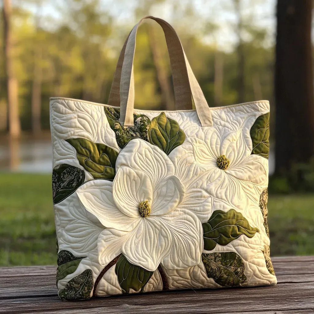 Elegant White Lilies design of the Leah quilted tote bag