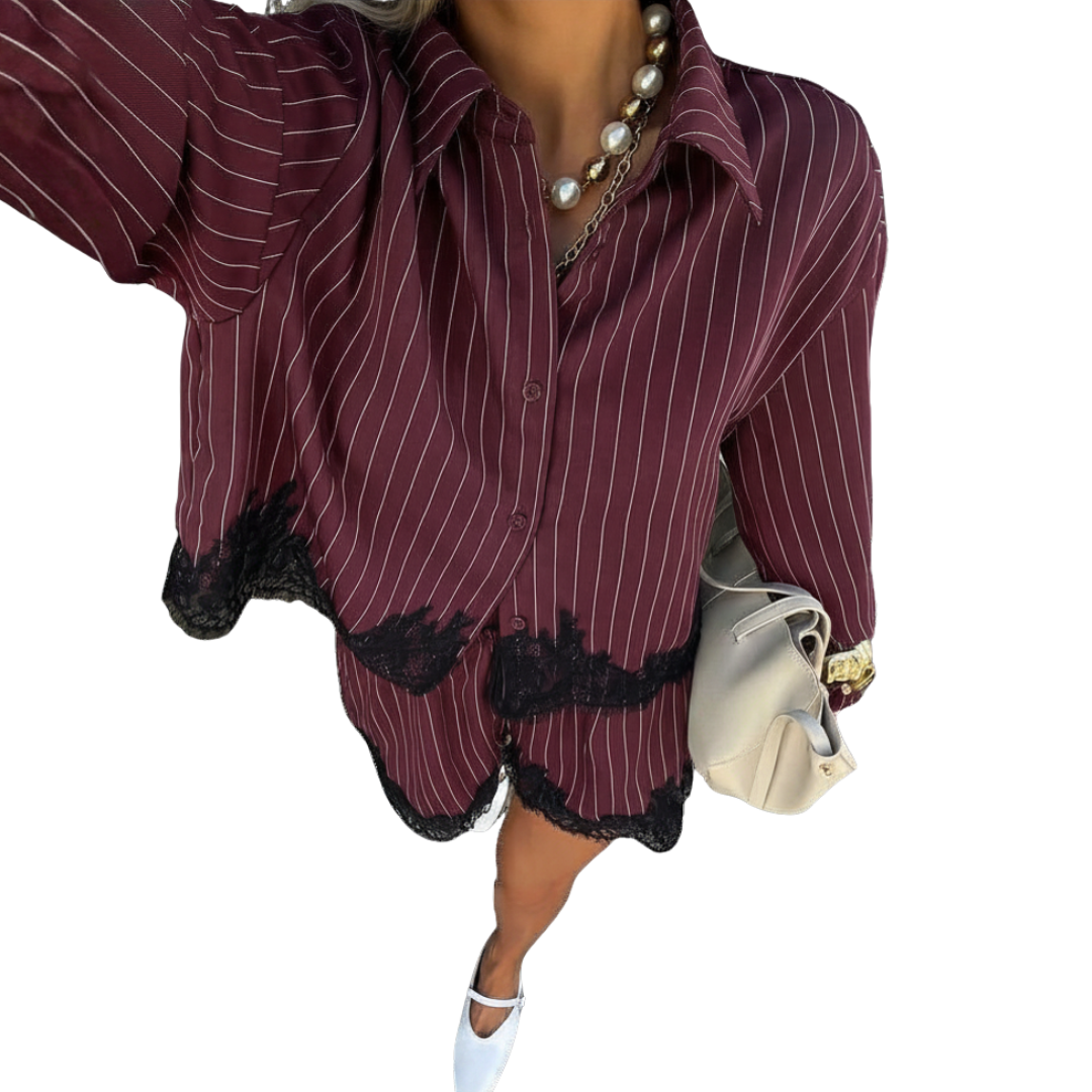 SOLÈNE™ – Lace Trim Striped Shirt &amp; Shorts Set