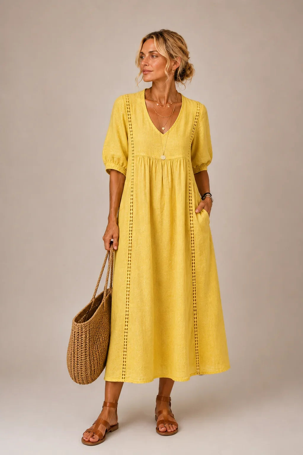 Alba | Relaxed Lace Trim Linen Dress