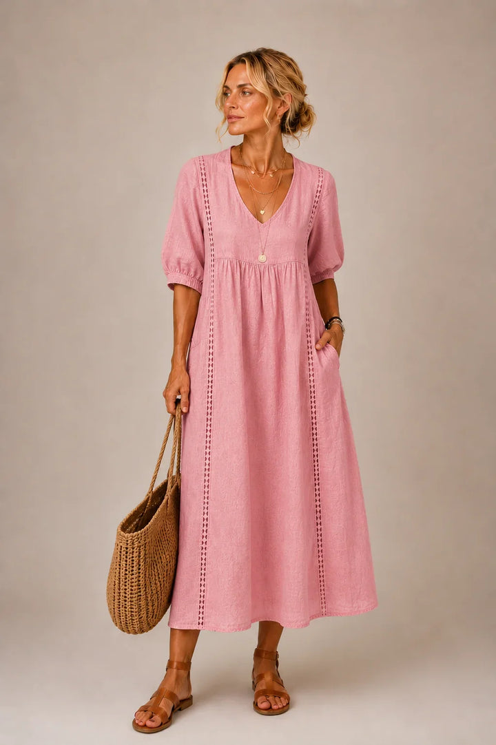 Alba | Relaxed Lace Trim Linen Dress