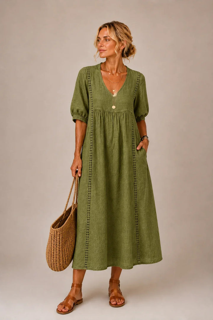 Alba | Relaxed Lace Trim Linen Dress