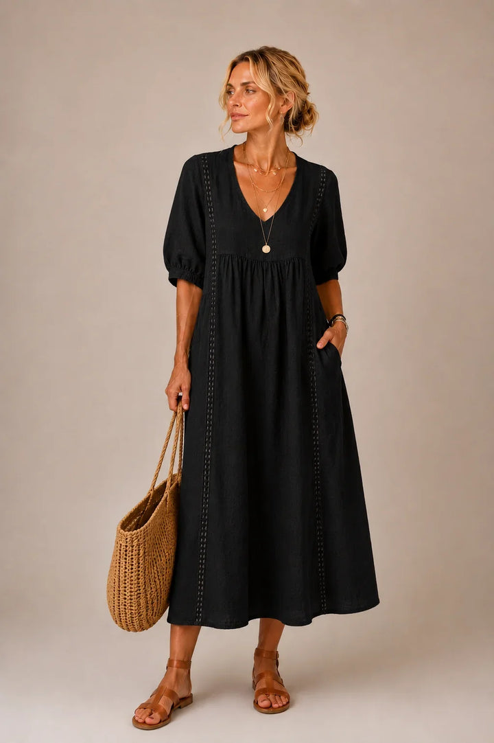 Alba | Relaxed Lace Trim Linen Dress