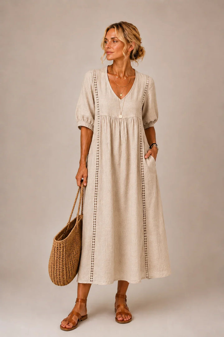 Alba | Relaxed Lace Trim Linen Dress