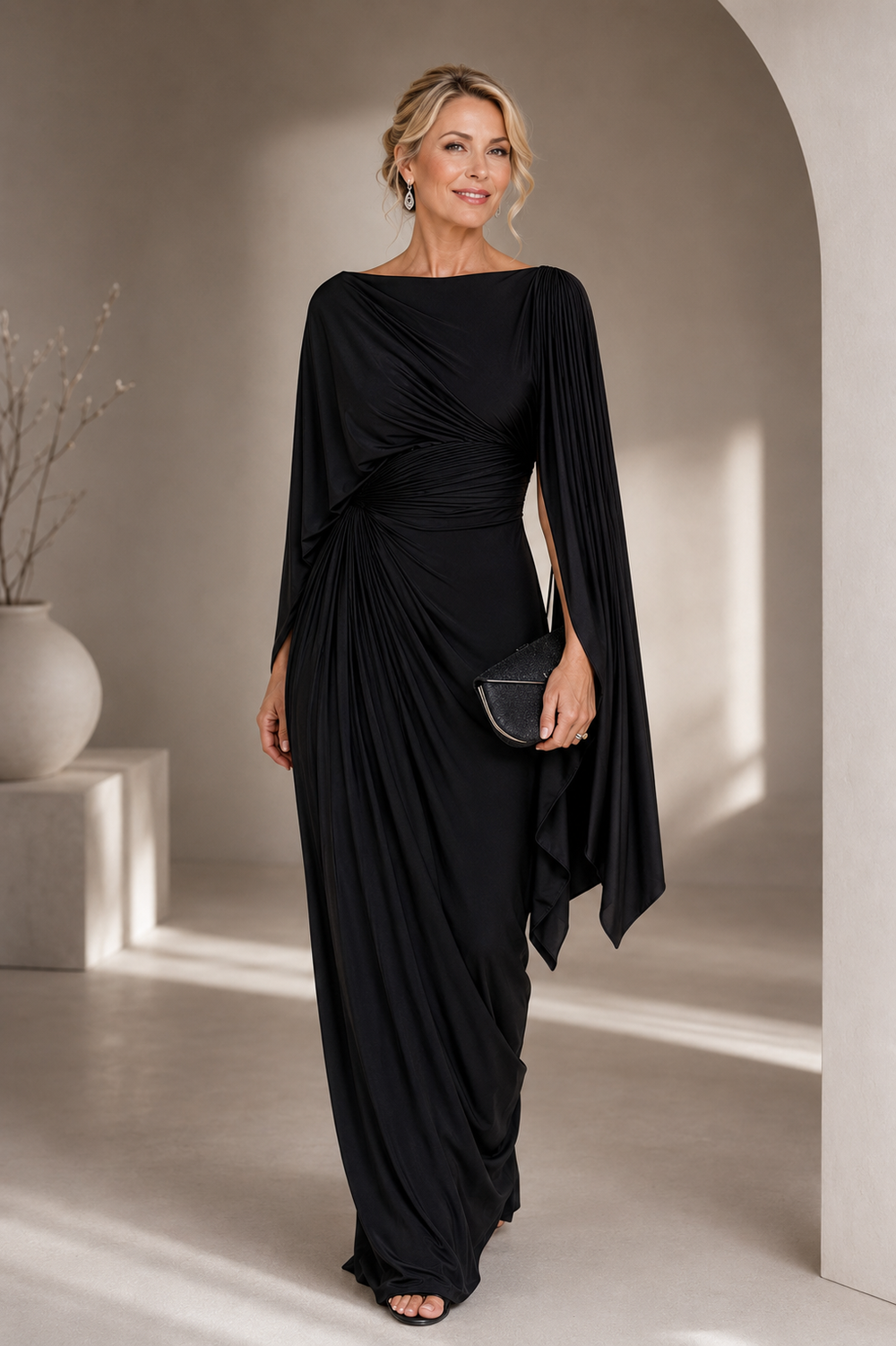 Tabitha | Draped Cape-Sleeve Maxi Dress