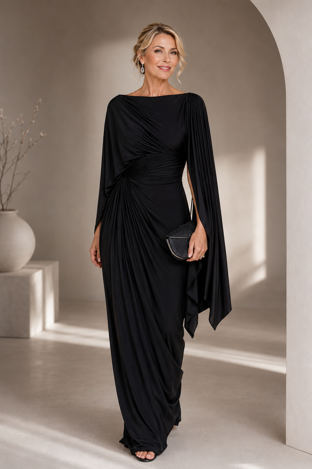 Tabitha | Draped Cape-Sleeve Maxi Dress