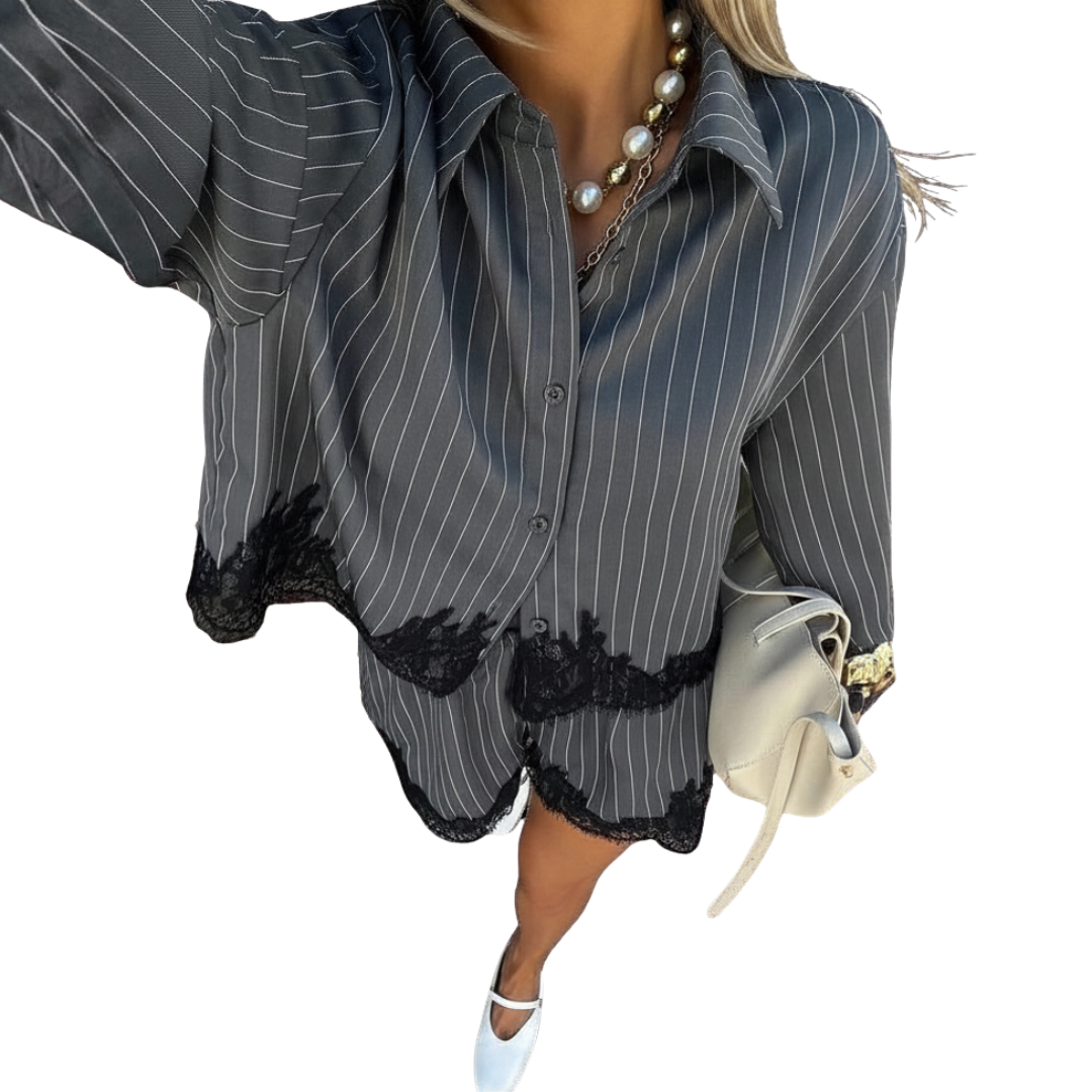 SOLÈNE™ – Lace Trim Striped Shirt &amp; Shorts Set