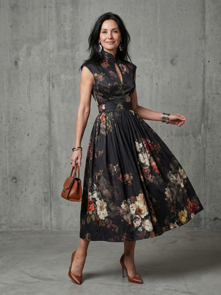 Fleur | High Neck Pleated Midi Dress