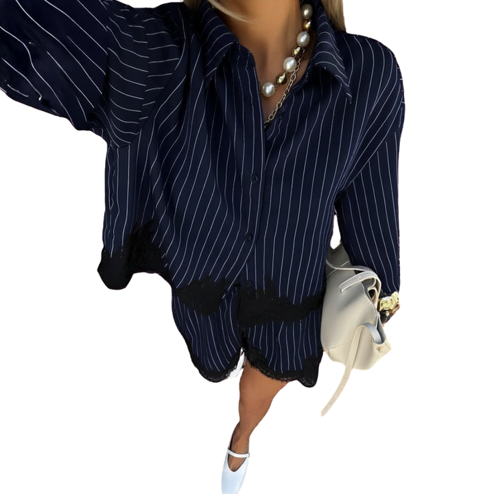 SOLÈNE™ – Lace Trim Striped Shirt &amp; Shorts Set