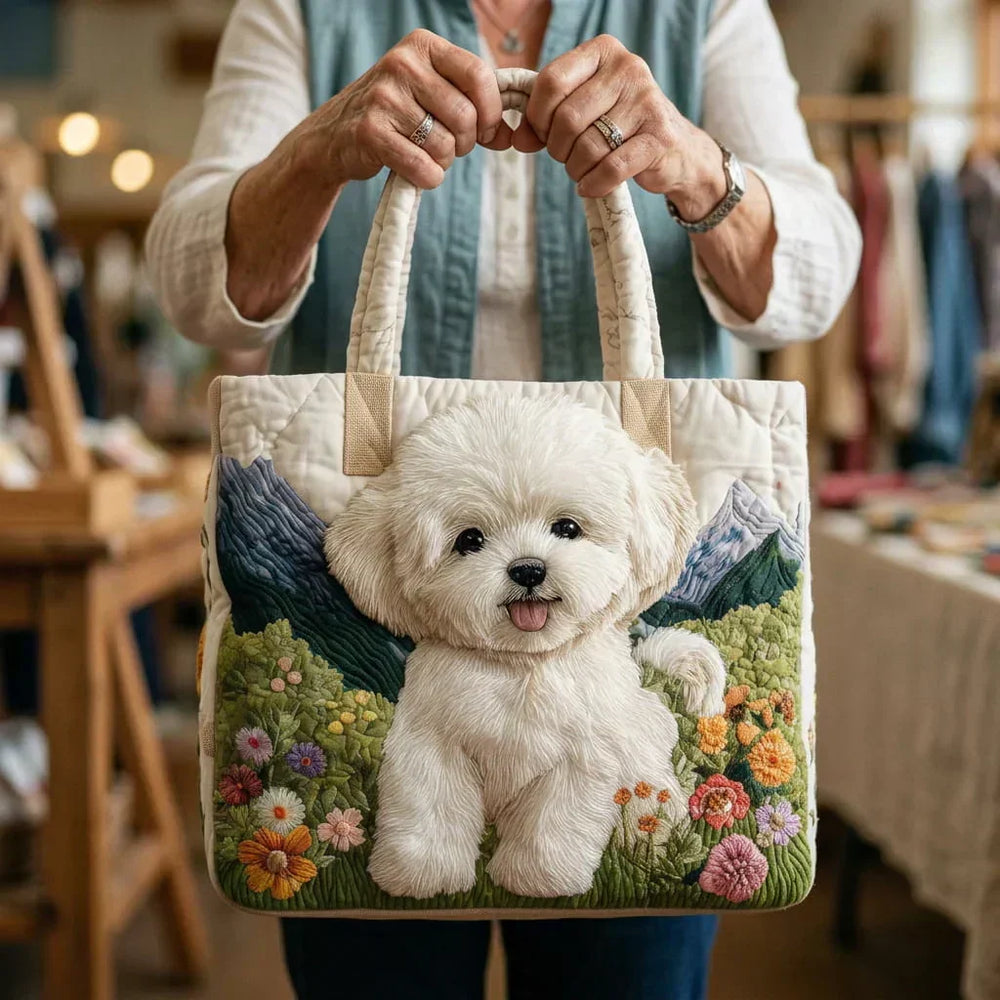 Enchanted Dog quilted tote bag carried by hand