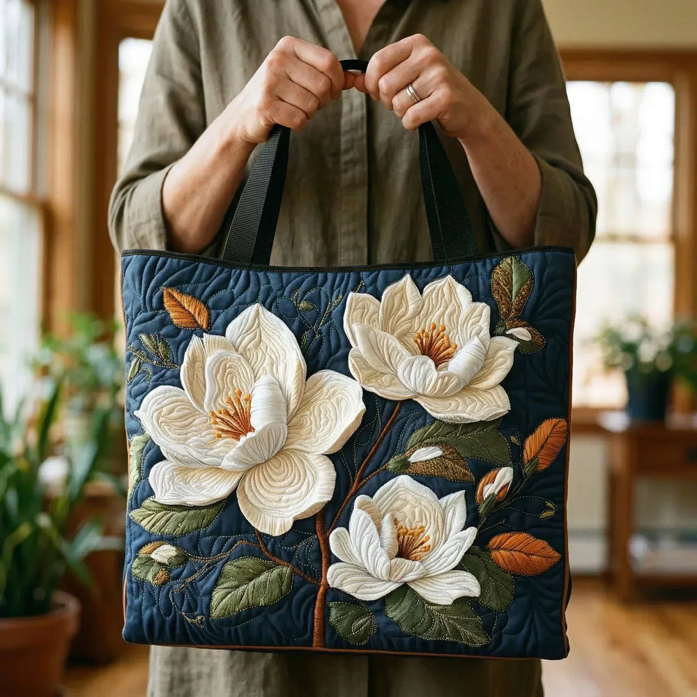 Delicate Magnolia quilted tote bag carried by hand