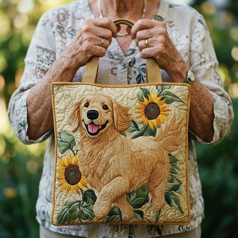Golden Retriever quilted tote bag carried by hand