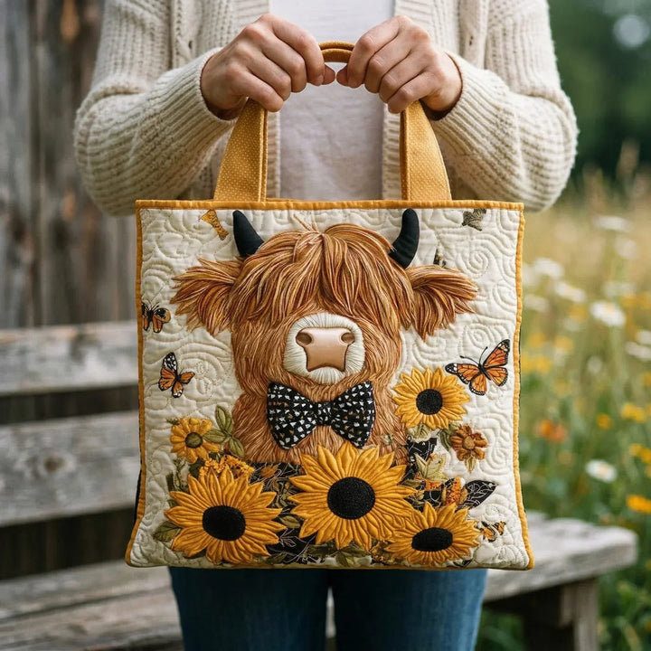 Highland Cow with Sunflowers quilted tote bag carried by hand
