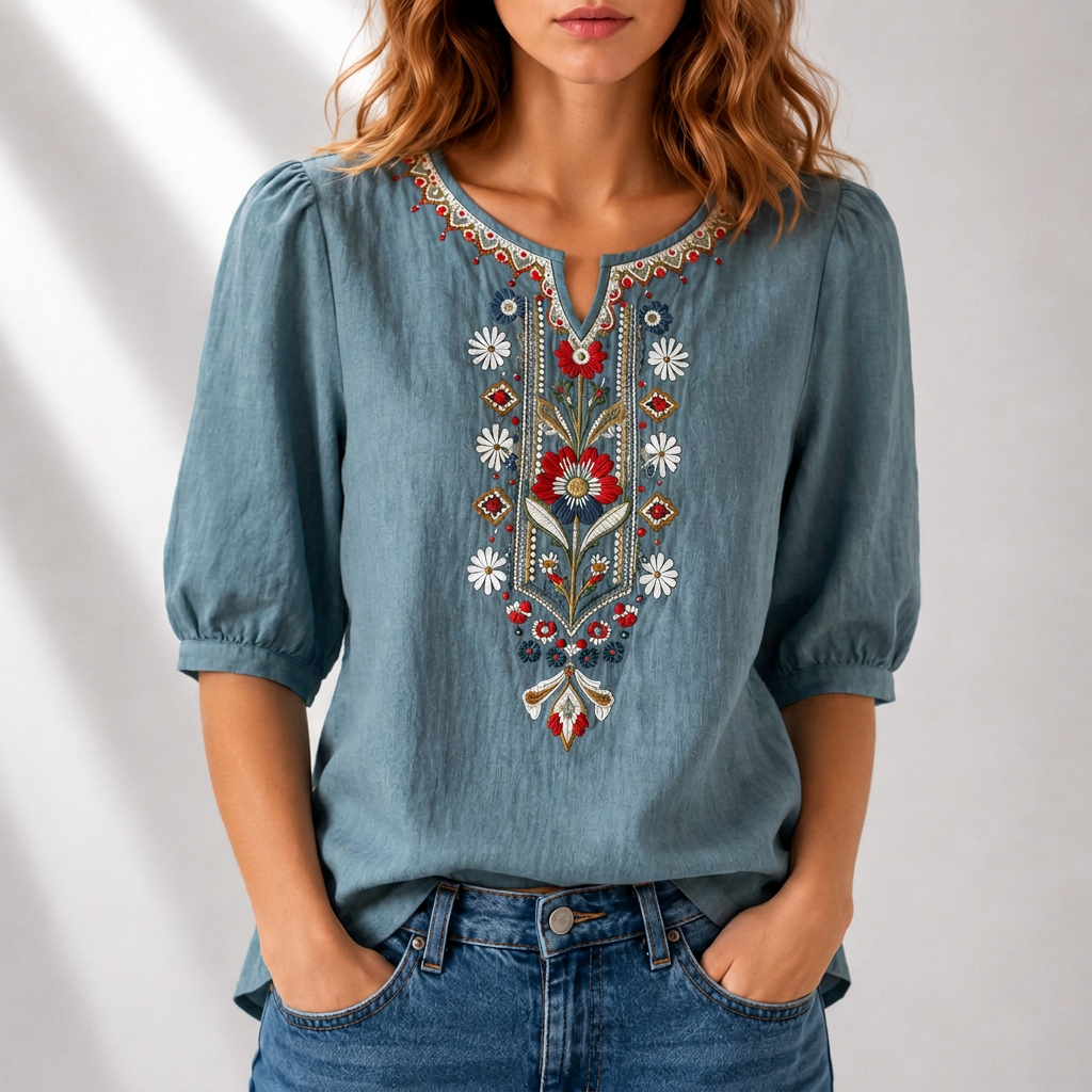 Eliza | Floral Embroidered Puff Sleeve Blouse